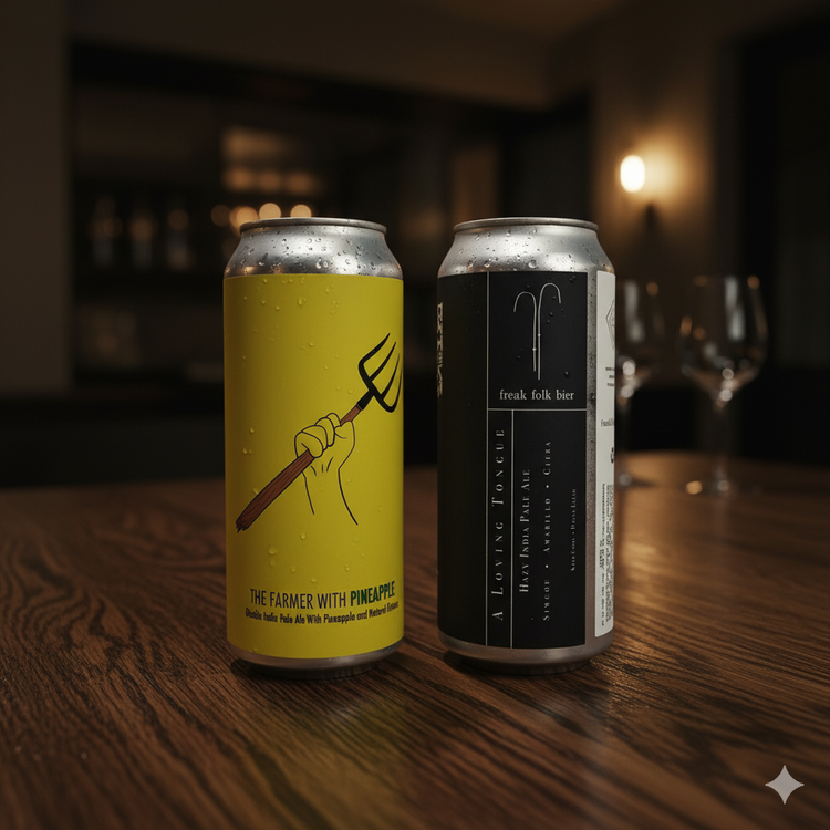 Two chilled craft beer cans on a dark oak wood table in a dimly lit, cozy setting. The yellow can features a pitchfork illustration and 'The Farmer With Pineapple' text. The black can reads 'A Loving Tongue Hazy India Pale Ale'.