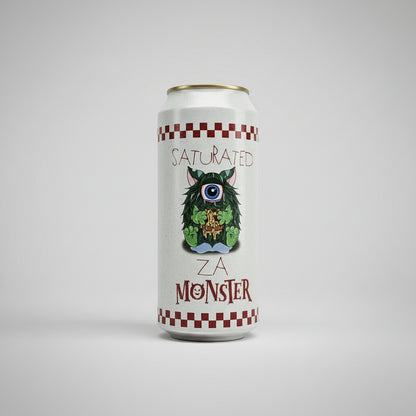 Can with a monster design and text on a light gray background