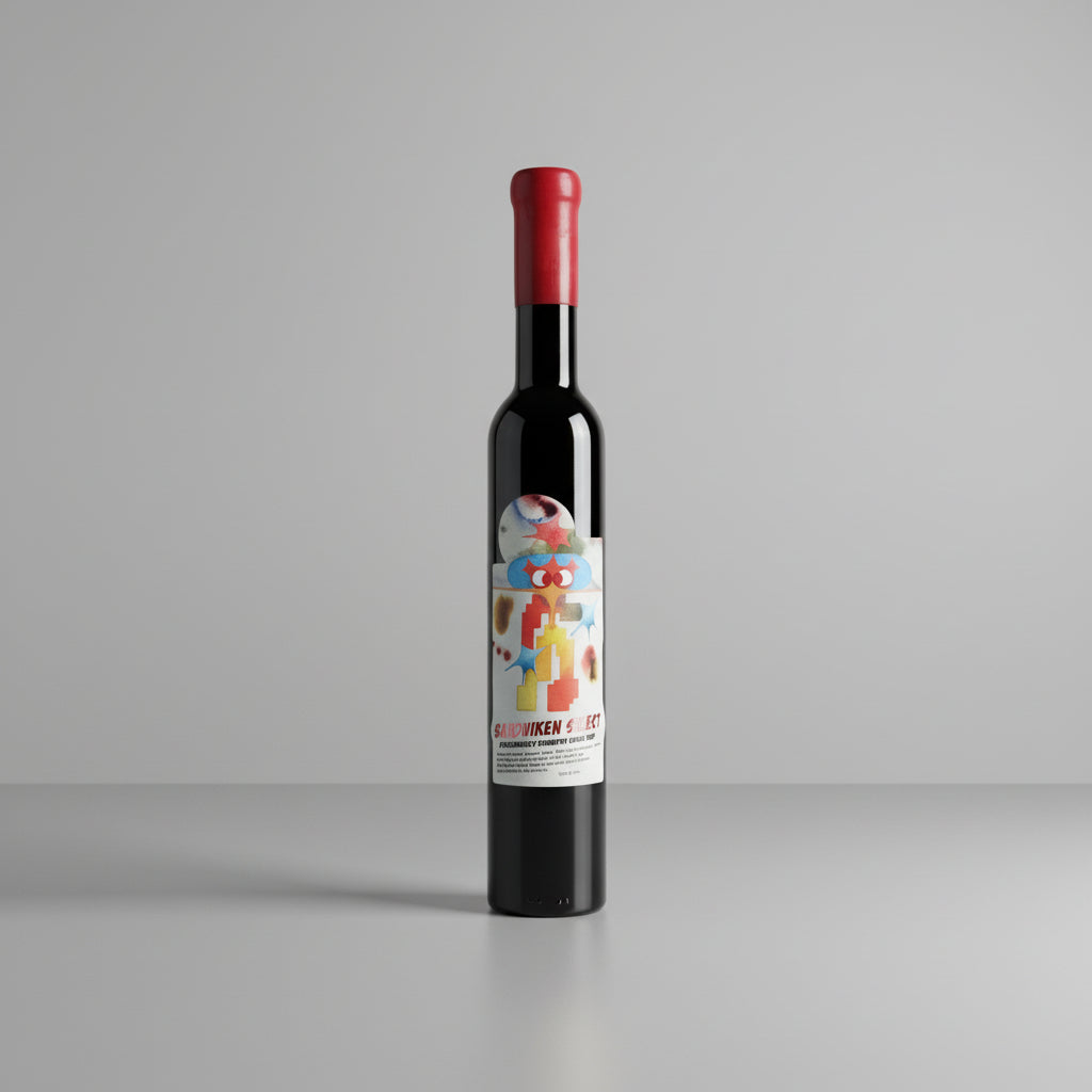 Wine bottle with colorful label on a white background