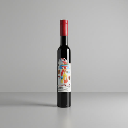 Wine bottle with colorful label on a white background