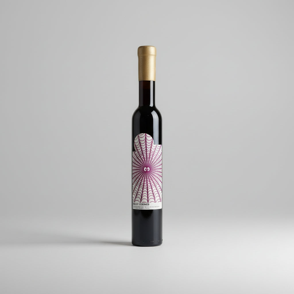 Wine bottle with a decorative label in a white frame on a wooden surface